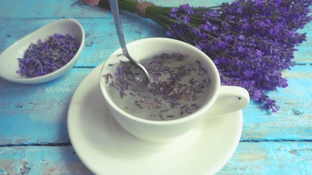 Tea Fresh Lavender Flowers Vintage Wooden Background Tea Brewed Hot — Vídeos de Stock
