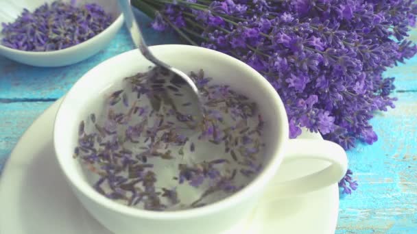 Tea Fresh Lavender Flowers Vintage Wooden Background Tea Brewed Hot — Stockvideo