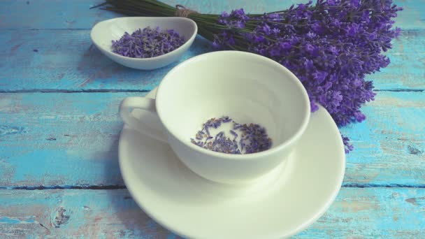 Tea Fresh Lavender Flowers Vintage Wooden Background Tea Brewed Hot — Vídeos de Stock