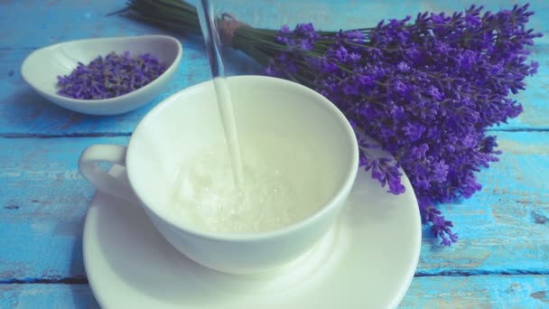 Tea Fresh Lavender Flowers Vintage Wooden Background Stream Boiling Water — Stock Video