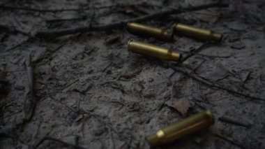 Bullet casings fall to the ground. Shooting in the forest. Slow motion.