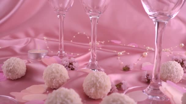 Glasses Sparkling Wine Candy Coconut Flakes Confetti Form Hearts Soft — Vídeos de Stock