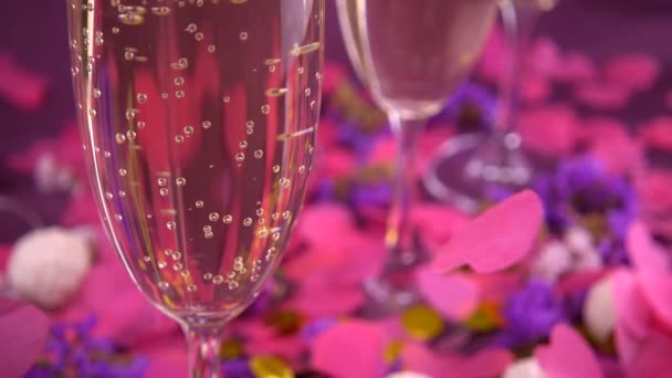 Falling Heart Shaped Confetti Glasses Sparkling Wine Candy Coconut Flakes — Stockvideo