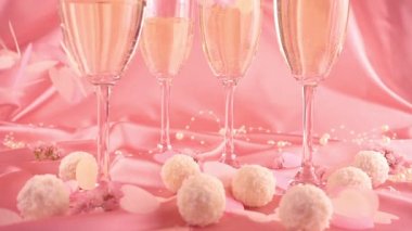 Köpüklü şarapla bardakların üzerine kalp şeklinde konfeti düşmesi, pembe arka planda hindistan cevizi taneli yuvarlak şeker. Yavaş çekim.