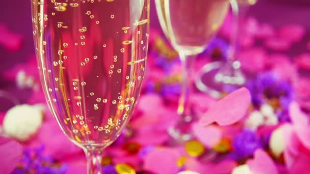 Falling Heart Shaped Confetti Glasses Sparkling Wine Candy Coconut Flakes — Vídeo de Stock