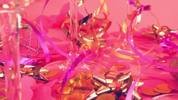 Glasses Sparkling Wine Confetti Pink Background — Stock video