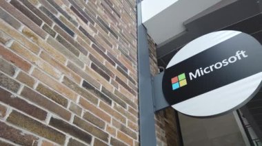 Microsoft logo on an office building in Toronto, Ontario, Canada.