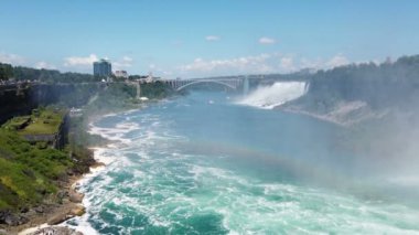 Niagara Falls. Top view on the Niagara River, Bridal Veil Falls, the American Falls and the Rainbow Bridge, the first bridge downstream from the falls.