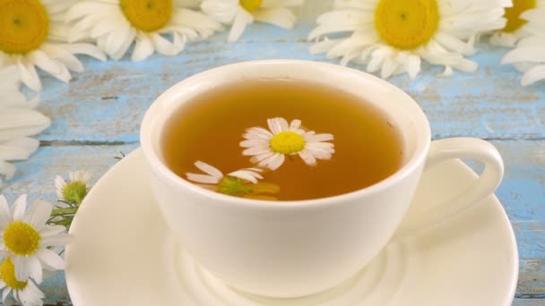 Composition Avec Des Fleurs Camomille Une Tasse Blanche Tisane Sur — Video