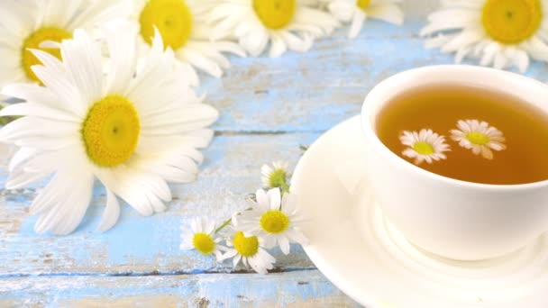 Composition Chamomile Flowers White Cup Herbal Tea Vintage Light Blue — Vídeos de Stock