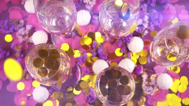 Falling Confetti Glasses Sparkling Wine Candy Coconut Flakes Heart Shaped — Vídeo de Stock