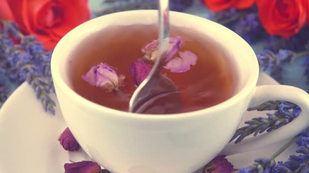 Provencal Style Composition Tea Fragrant Rose Buds Fresh Rose Flowers — 图库视频影像