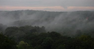 Fog over the forest in the mountains. Time lapse.