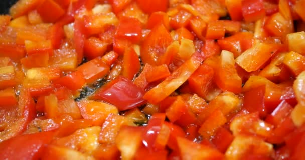 Cooking Red Sweet Pepper Frying Pan — Wideo stockowe