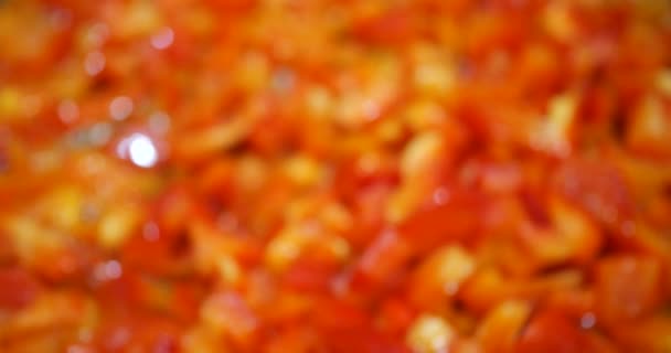 Cooking Red Sweet Pepper Frying Pan — Vídeo de stock