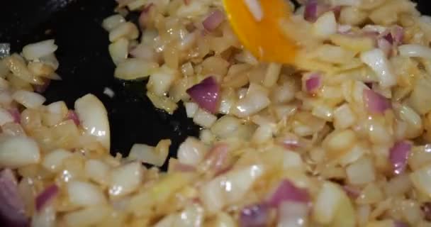 Onion Pieces Fried Pan — Vídeos de Stock