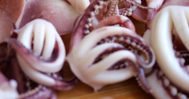 Tentacles Carcass Boiled Squid Cutting Board — Vídeo de Stock