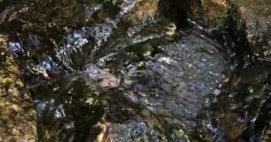 The water of the stream flows between the stones.