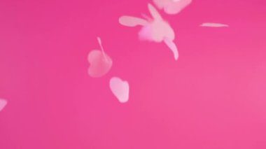 Falling confetti on a pink background. Slow motion.