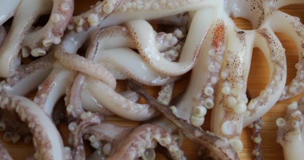 Tentacles Suction Cups Carcass Raw Squid Cutting Board Fresh Seafood — Videoclip de stoc