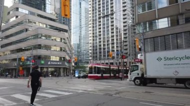 Skyscrapers, streets and pedestrian crossing in downtown Toronto, Ontario, Canada.