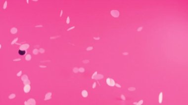Falling confetti on a pink background. Slow motion.