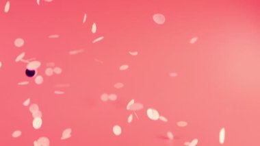 Falling confetti on a pink background. Slow motion.