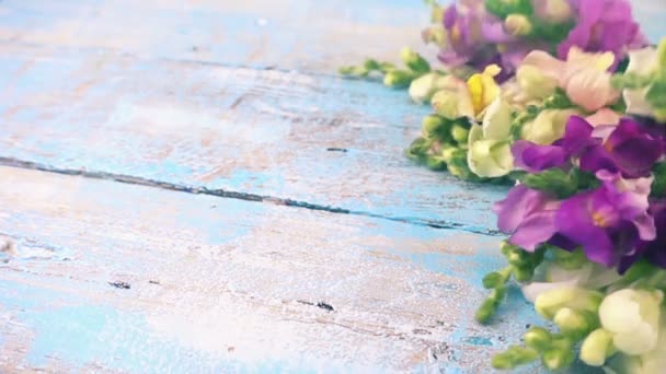 Bouquet Colorful Dragon Flowers Drops Vintage Wooden Light Blue Surface — Stock Video