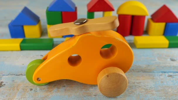Wooden Vintage Children Toy Helicopter Background Vintage Wooden Board Toy — Stock Video