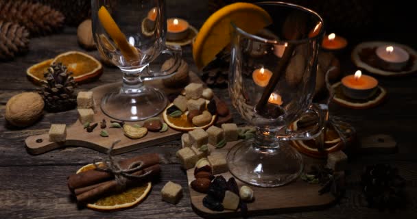 Pouring Mulled Wine Glasses Background Old Vintage Wooden Board Cookies — Stock Video