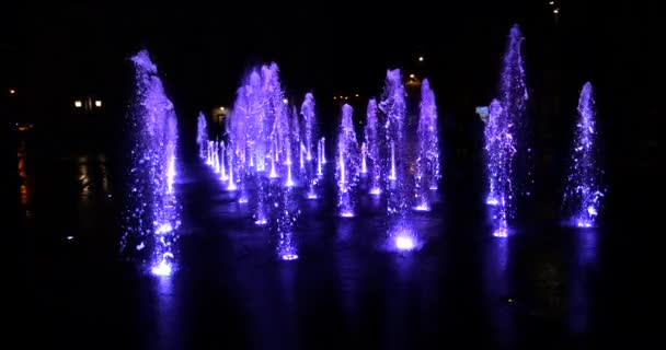Wasserstrahlen Des Brunnens Der Nächtlichen Stadt Mit Beleuchtung — Stockvideo