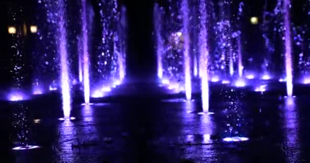 Wasserstrahlen Des Brunnens Der Nächtlichen Stadt Mit Beleuchtung — Stockvideo