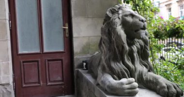 Binanın mimarisinin bir unsuru olarak bir aslan heykeli. Eski bir Avrupa şehrinin mimarisi.