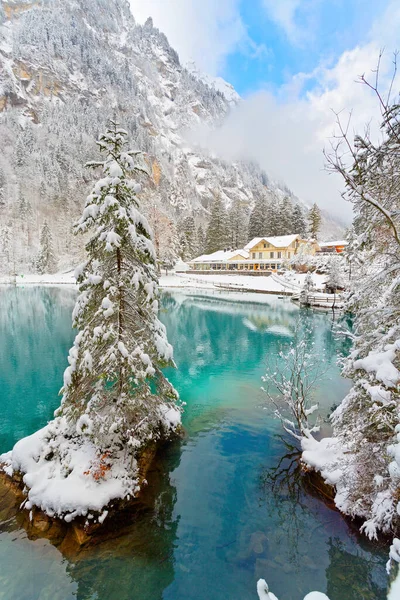 Lago Blausee Nelle Highlands Bernesi Durante Inverno Svizzera — Foto Stock