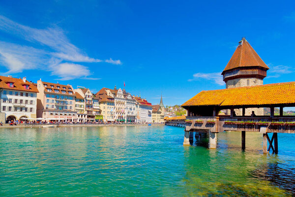 Old Town with Chapel Bridge in Lucerne, Lake Lucerne Switzerland