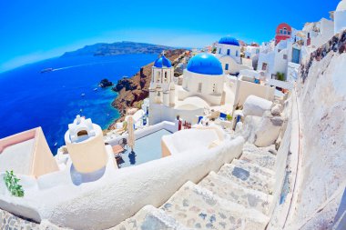 Santorini, Cyclades Adası, Yunanistan 'ın panoramik manzarası
