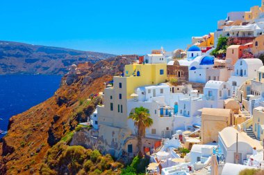Santorini, Cyclades Adası, Yunanistan 'ın panoramik manzarası