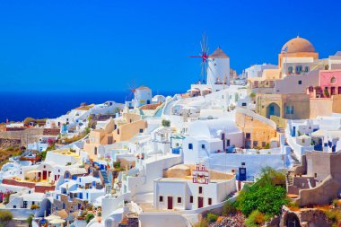 Santorini, Cyclades Adası, Yunanistan 'ın panoramik manzarası
