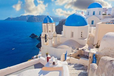 Santorini, Cyclades Adası, Yunanistan 'ın panoramik manzarası