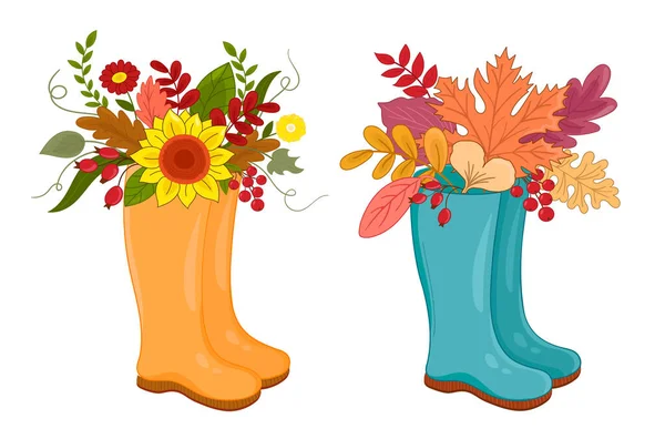 Vector illustratie herfst putten laarzen bezet met bloeiende boeket herfst bladeren en bloemen. — Stockvector