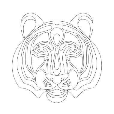 Grafik olarak dekore edilmiş siyah baş rengi. Beyaz arka plandaki kaplan. Sembol 2022. Düz stil. Renkler