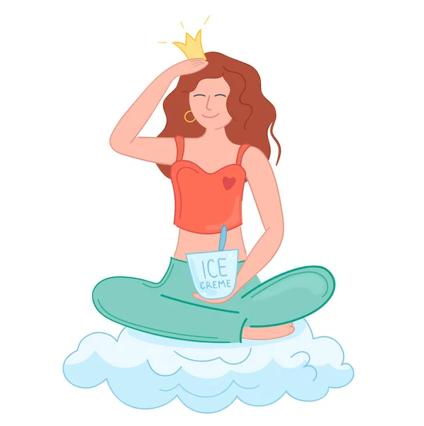 Vector illustration woman sitting on a cloud with crown and ice crema. Loves himself — Stock Vector