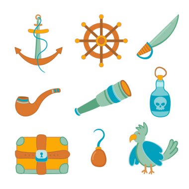 Vektör illüstrasyon korsan seti. Papağan, göğüs, kanca.