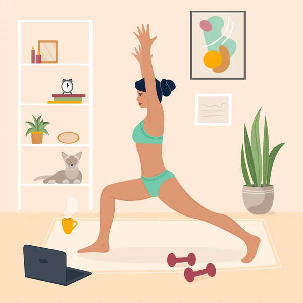 Illustrazione vettoriale yoga online. Donna che fa yoga da casa. — Vettoriale Stock