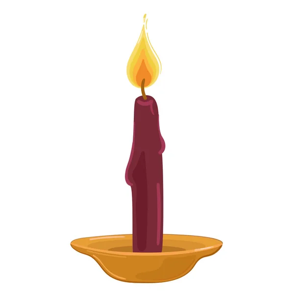 Vector illustration red candle with yellow fire on saucer white isolated background — Stock vektor