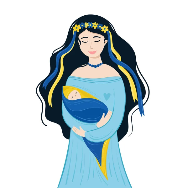 Εικονογράφηση διάνυσμα Ουκρανή γυναίκα με το μωρό της. Σημαία Ουκρανίας — Διανυσματικό Αρχείο