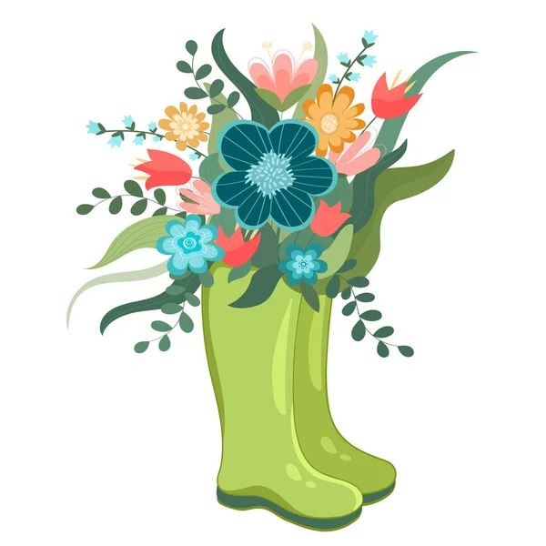 Vector illustratie set lente putten laarzen met bloeiende boeket lente bloemen, katoen. Lente symbool platte stijl. — Stockvector