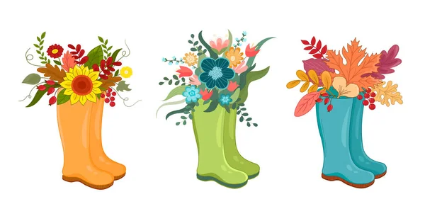 Conjunto Ilustración Vectorial Botas Wellies Primavera Con Flores Primavera Ramo — Vector de stock