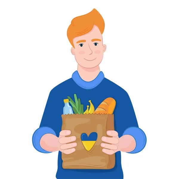Ilustración vectorial hombre con una bolsa de comida. Apoyo a Ucrania — Archivo Imágenes Vectoriales