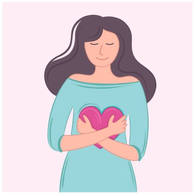 Vector illustration girl self love with hug pink heart